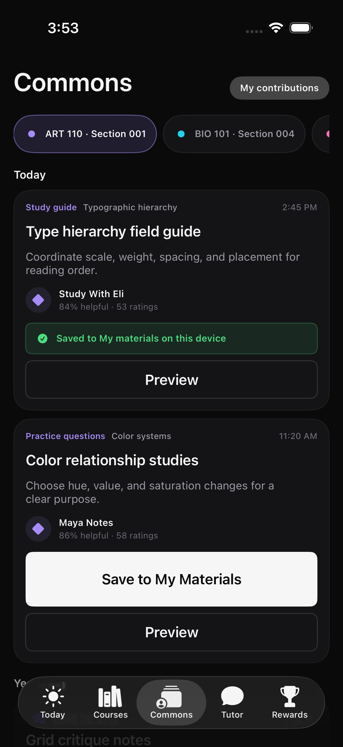 GradePath dark-mode Commons showing study guides and practice questions from an exact course section